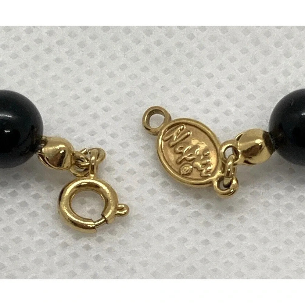 Vintage Napier Signed Black Plastic 18'' Beaded Necklace 80s 90s Gold Tone Retro
